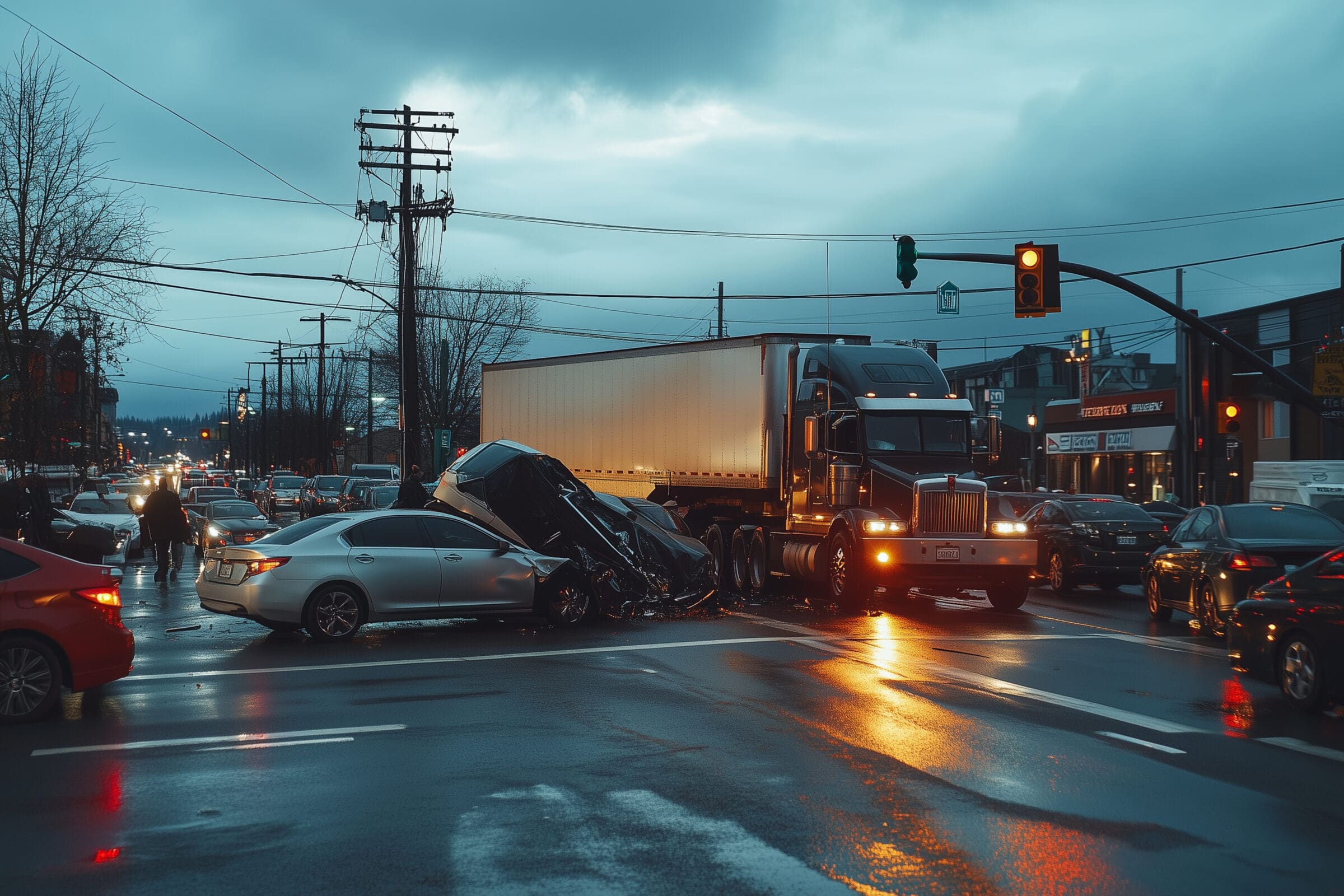 Car accident involving a big rig semi truck with a semi trailer at a city street intersection with traffic lights and rescue services Car accident involving a big rig semi truck with a semi trailer at a city street intersection with traffic lights and rescue services