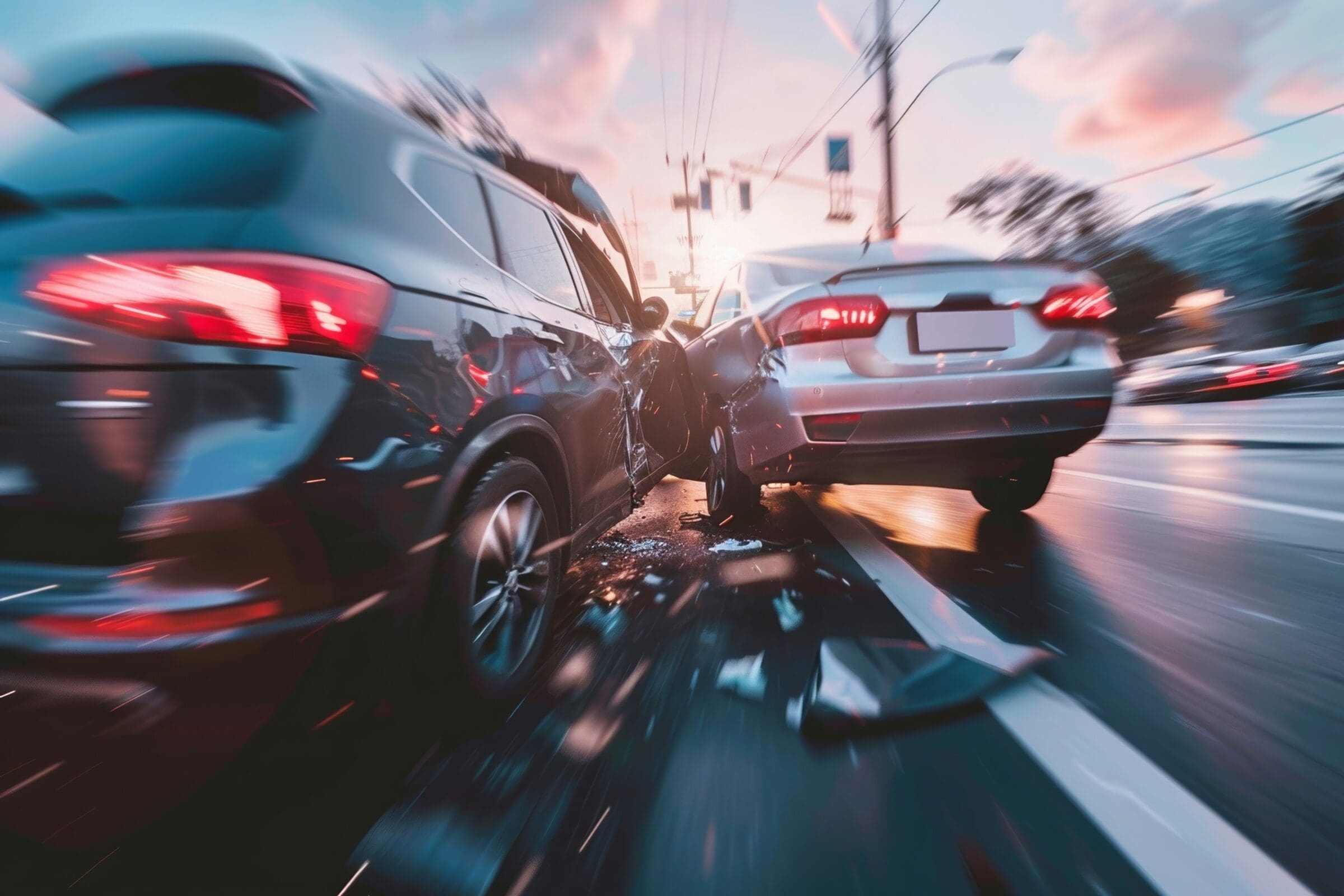 Dramatic Urban Car Collision Scene A severe car accident on a city street with vehicles damaged and debris scattered around during dusk.